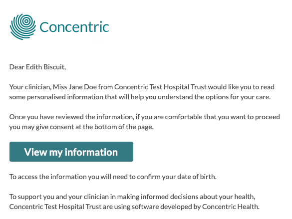 Concentric email to patient